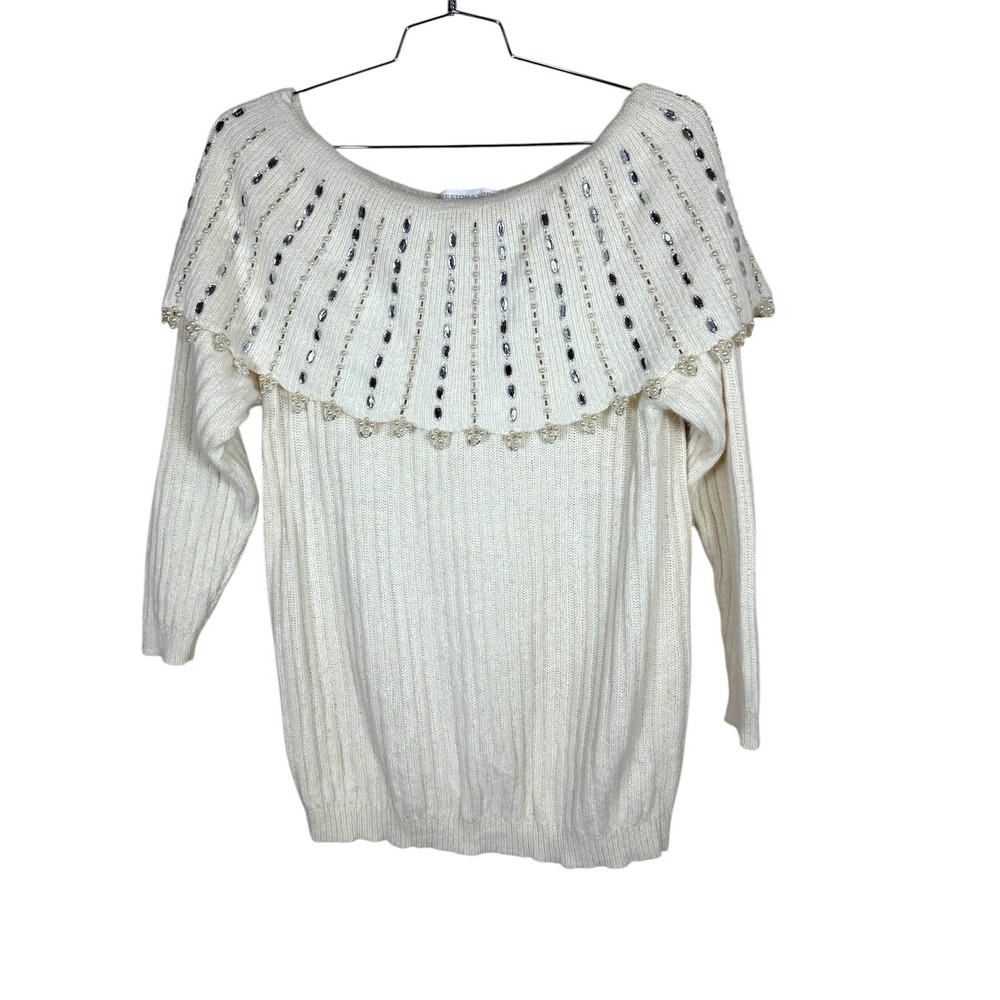 Preston & York Silk Angora Pearl Sequin Embellished Off Shoulder Sweater Cream L